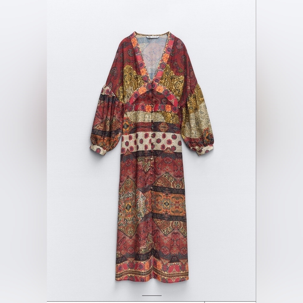 Zara NWT Maxi Patchwork Boho Longsleeve Dress